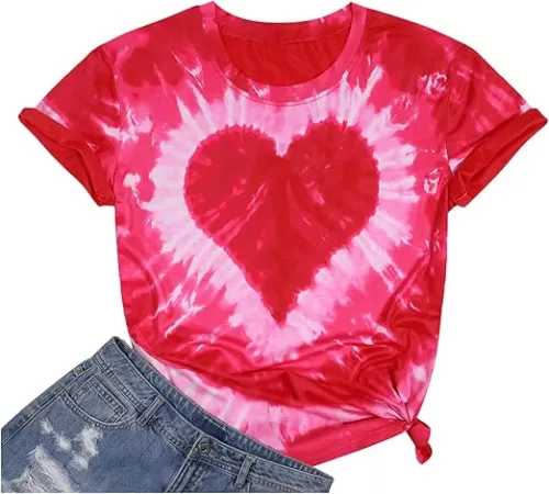 Tie Dye Heart Graphic T Shirt Women Valentines Shirt Funny Loving Heart Pattern Short Sleeve Tops