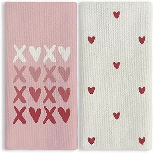 TNUW Pink XOXO Valentines Day Kitchen Hand Towels 16x24In Set of 2, Love Heart Dish Towels for Valentine's Day Decor, Anniversary Wedding Decoration Hand Towels for Kitchen Bathroom