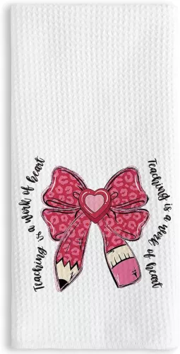 TNUW Valentine Day Bow Kitchen Towels 16X24In, Teaching is A Work of Heart Kitchen Dish Towels for Valentines Day Decor, Anniversary Wedding Decoration Hand Towels for Kitchen Bathroom