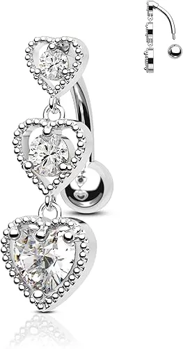 Triple Heart Dangle Belly Button Rings - 14G Reverse Navel Rings Dangly Cute Belly Piercing Jewelry - Stainless Steel