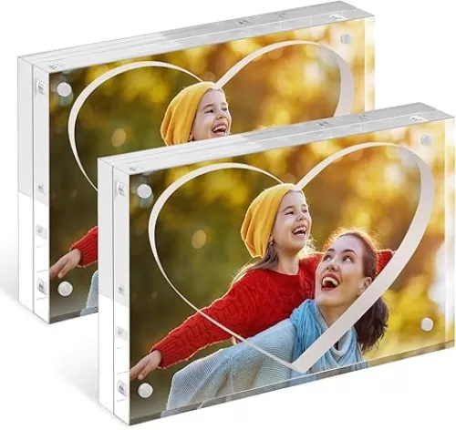 TWING 5x7 Acrylic Picture Frames 2 Pack, Clear Floating Photo Frame Horizontal Magnet Double Sided, 20% Thicker Block Acrylic Frames with Microfiber Cloth, Heart Shape Love Acylic Picture Frames Gift