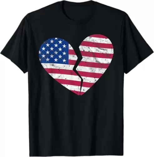 USA American Flag Broken Heart Shape - Heartbreak Patriotic T-Shirt