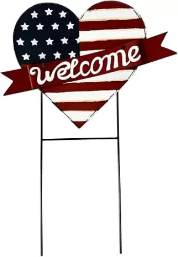 USA Flag Heart Welcome Lawn Sign – 22.5" x 16" Metal Garden Decorative Stake, Patriotic Yard Decor, American Flag Outdoor Decor for 4th of July, Red Blue & White Metal Sign, Memorial Day, Veterans Day, Rustic Americana Lawn Decoration