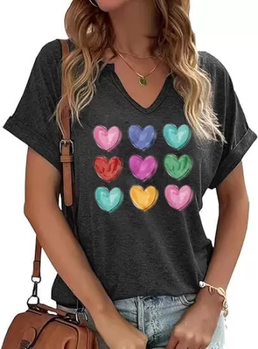 V-Neck Shirts for Women Cute Love Heart Graphic Valentine