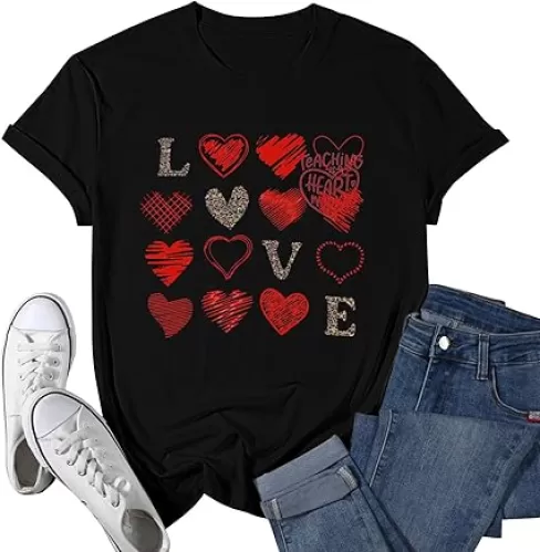 Valentine Day Shirt Women Leopard Love Heart Print T-Shirt Teachers Valentines Short Sleeve Tee Tops