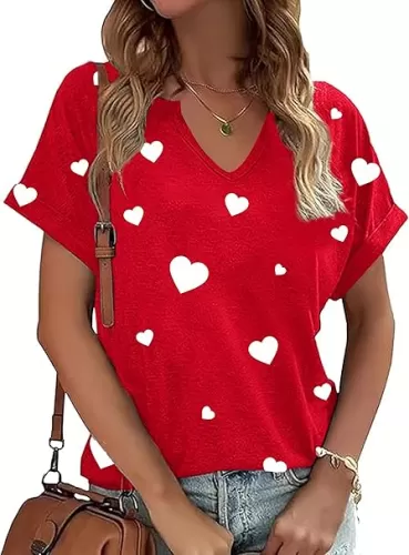 Valentine Shirts for Women V Neck Love Heart Girlfriend Valentines Gift Tshirt Graphic Short Sleeve Tee Tops
