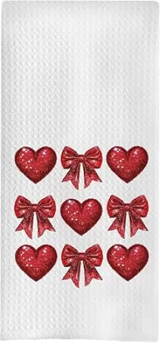 Valentines Kitchen Towels, Coquette Red Bow Heart Valentine Hand Towels for Bathroom, Valentines Dish Towels Tea Towels, Valentines Kitchen Bathroom Decor, 16x24 Inches