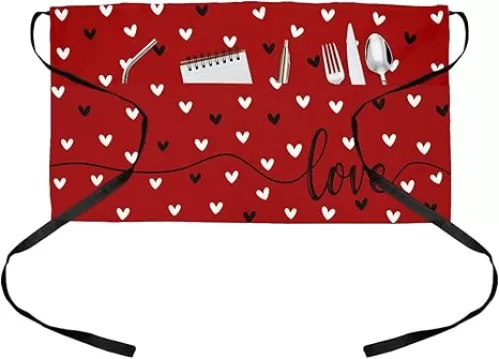 Valentines Love Server Aprons with 3 Pockets, Black White Love Heart Red Waitress Waist Apron for Women Men Waterproof Half Aprons
