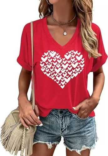 Valentines V Neck T-Shirt for Women Love Heart Short Sleeve Tee Casual Couple Tops Blouse
