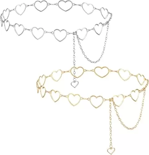Waist Chain Belt for Women, 47 inches Adjustable Metal Body Belly Chain with Heart Design Rhinestone Gold Silver Chain Belts for Dresses, Jeans, Swimwear (Gold, Silver)