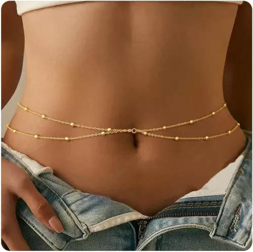 Waist Chain for Women, Layered Belly Body Chain for the Waist Gold Plated Satellite Beads Rope Chain Waterproof Adjustable Sexy Bikini Bra Chain Non Tarnish Summer Beach Jewelry Gifts