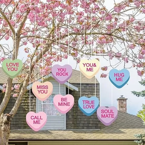 Whaline 18Pcs Valentine's Day Colorful Hearts Lawn Hanging Ornaments Outdoor Conversation Heart Shaped Plastic Label Tag with String for Wedding Yard Sign Lawn Porch Tree Craft Gift Decoration
