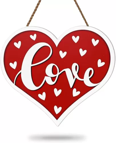 Whaline Valentine's Day Wooden Hanging Sign Love Heart Welcome Wood Sign Red Heart Shape Door Decor Sign For Wedding Anniversary Indoor Outdoor Porch Wall