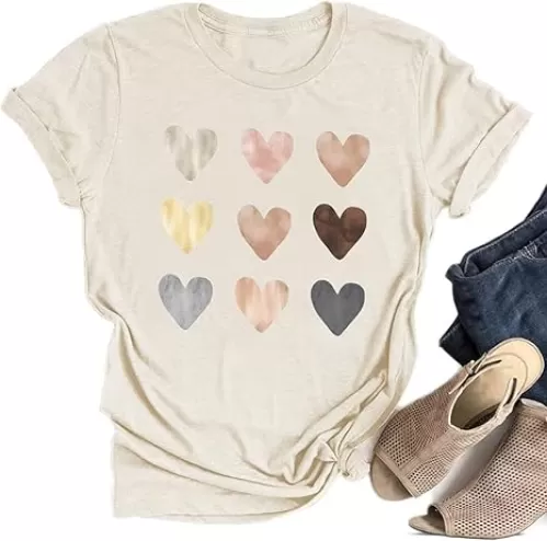 Woffccrd Womens Love Heart Shirts Short Sleeve Valentines Crewneck Colorful Heart Graphic Tees Tops