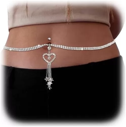 Women Heart Rhinestone Dangle Belly Button Chain Summer Crystal Navel Piercing Button Belly Ring with Waist Chain Bikini Beach Festival Belly Body Chain Jewelry