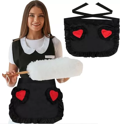 Women Waist Apron with 2 Love Pockets, Waitress Work Apron for Kitchen Restaurant Coffee Shop, Costume Apron