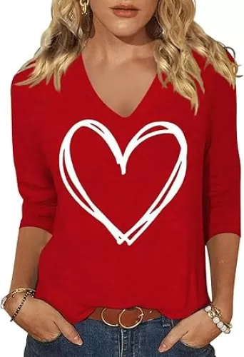 Womens 3/4 Sleeve V Neck Valentine T Shirts Love Heart Printed Graphic Tee Tops