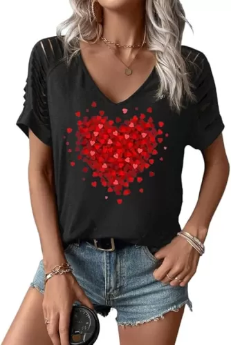Womens Funny Valentines V Neck Shirt Lover Heart Cut Out Cold Shoulder Short Sleeve Tee Couple Matching Spring Top