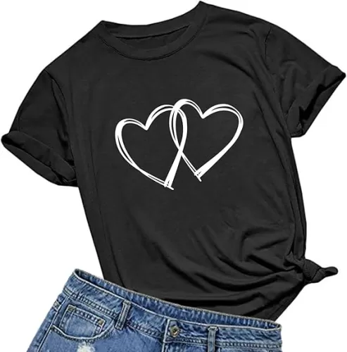 Womens Heart Print T Shirts Cute Casual Shirts Funny Graphic Short Sleeve Tops