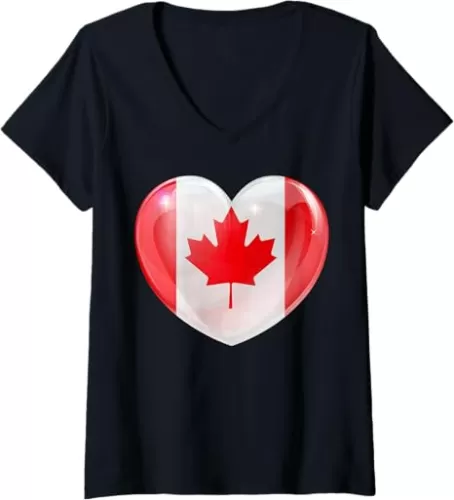 Womens Heart Shaped Canadian Flag Canada Love Patriotic Design V-Neck T-Shirt
