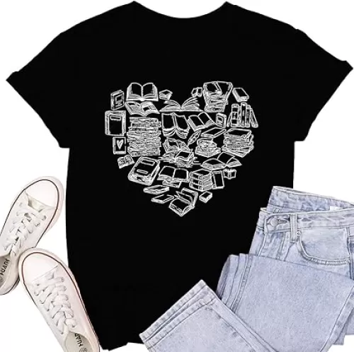 Womens Reading Shirts Book Lover Bookworms T-Shirt Book Heart Tops