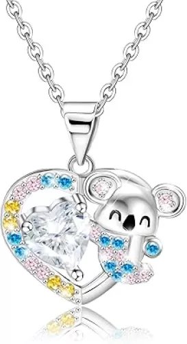 Women's Sterling Silver Koala Heart-Shaped Pendant Necklace Animal Love Heart Cubic Zirconia Colorful Pendant Necklace for Mom Wife Friends