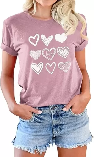 Womens Valentines T-Shirt Print Graphic Tees Cute Love Heart Shirts Casual Short Sleeve