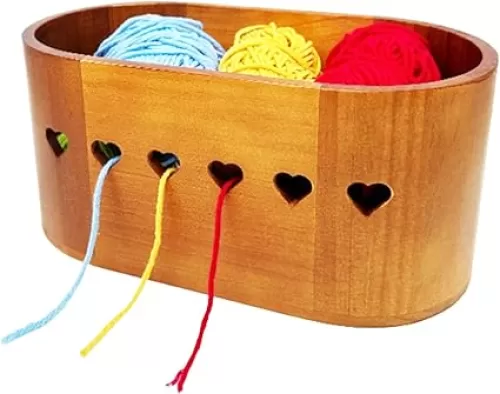 Wooden Yarn Bowl for Crocheting and Knitting, Large Yarn Storage Crochet Bowl, Handmade Yarn Holder Bowl with Heart-Shaped Holes on Both Sides