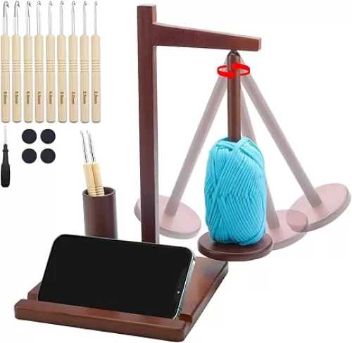 Wooden Yarn Holder for Crocheting, Magnetic Rotating Yarn Spinner Yarn Spool Rack with Crochet Accessories Storage and Phone Stand, Yarn Ball Holder for Knitting Lovers