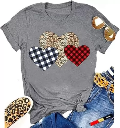 YourTops Women Buffalo Plaid & Leopard Heart T-Shirt