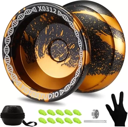 Yoyo Professional Responsive Yoyo X0312 for Kids Beginner, Dual Purpose Fingerspin Yo yo for Adults with Unresponsive Yoyo Bearing Kit, 10 Yoyo Strings, Yo-Yo Case & Glove (Black and Gold)