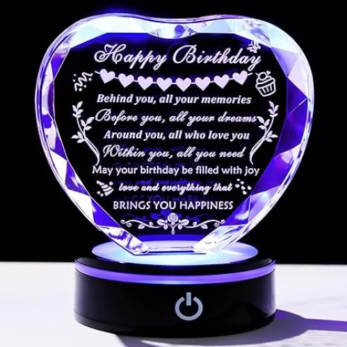 YWHL Happy Birthday Gifts for Women Men with Colorful Light Base Crystal Heart Birthday Gifts for Her Him Happy Birthday Decorations Unique Gift for Mom Dad Grandma Wife Friends