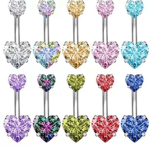 ZS 10pcs Sparkly Round Heart Square Star Cubic Zirconia Curved Barbell Belly Button Rings Navel Ring
