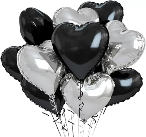 12 Pcs Black and Silvery Heart Foil Balloons, 18 Inch Mylar Balloons for Love, Valentines, Birthday, Wedding Party Decoration