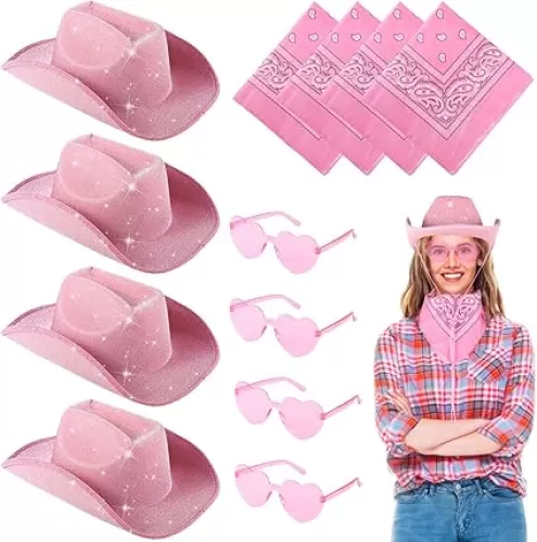 12 Pcs Pink Cowgirl Hat Sets, Includes Cowboy Hats, Heart Glasses, and Bandanas, Sparkling Western Hats for Women, Costume Accessories for Halloween and Parties