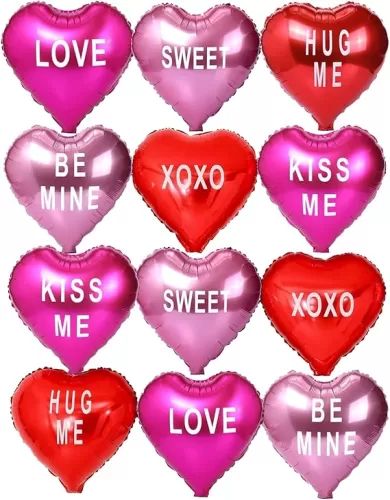 12pcs Mylar Heart Balloons Valentines Heart Balloons Foil Sweetheart Balloons XO Balloons Galentines Balloon for Galentines Decoration Wedding Galentines Party Decor Valentines Party Decor