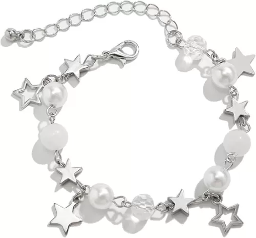 1/2Pcs Set Y2K Star Pearl Heart Crystal Chain Adjustable Aesthetic Bracelet Grunge Gift for Women Jewelry Gifts Punk Gothic Link Dainty Bracelet Resin Transparent Star Ribbon