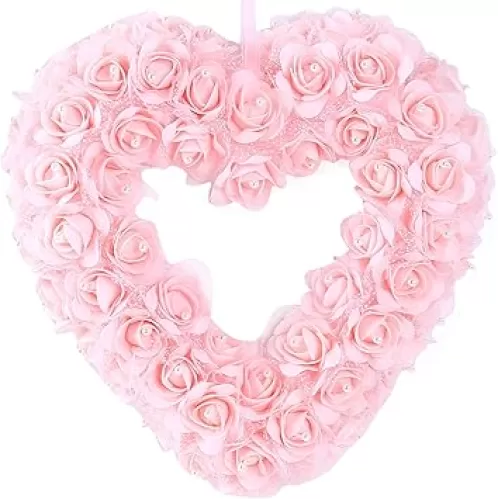 14 Inches Heart Shaped Wreath Pink Rose Door Wreath for Home Wedding Valentine's Decoration, Valentine's Wreaths for Front Door, Valentine's Decorations and Galentines Day Decor