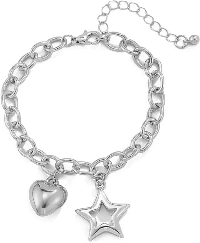 14K Gold Love Heart Bracelet for Women, Adjustable Hollow Pentagram Thick Chain Jewelry, Dainty Punk Hip Hop Charm Link Bracelet Daily Life Accessory