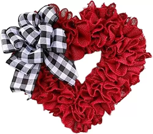 15.7inch Red Heart Fabric Wreath, Wreaths for Front Door, Love Wreath Wall Hanging, Heart Wreath Decoration with Bow, Wreath for Outdoor Valentine's Day Decor (1)