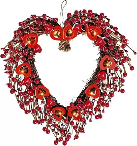 17" Valentines Day Wreaths for Front Door Artificial Red Berries Heart Shaped Wreath with 10 Wooden Heart Lights Valentine's Day Wreath for Wedding Anniversary Party Candlelight Dinner Decorations