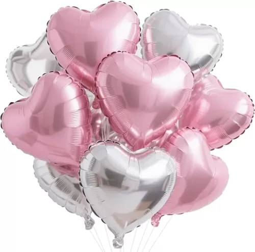 18 Inch Pink Silver Heart Balloons, 12 Pcs Heart Foil Mylar Balloons, Silver Birthday Decoration, Love Balloons Valentine Balloons for Birthday Party Wedding Baby Shower Valentines Day Decorations