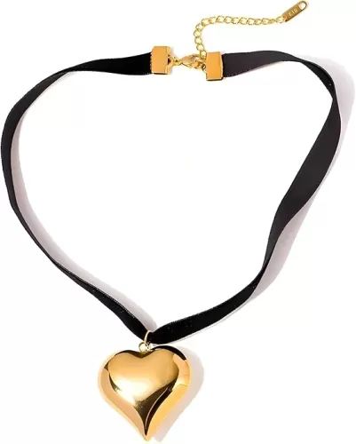 18K Gold Plated/Silver Black Cord Heart Choker Necklace| Hypoallergenic Vibrant All-match Attractive Flat Cord Necklace | Ingenious Design Choker Necklace for Women