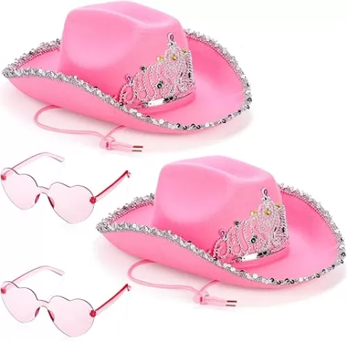 2 Pack Pink Cowgirl Hat with Heart Glasses, Pink Sequin Cowboy Princess Hat with Crown Tiara Design, Halloween Cow Girl Costume Accessories, Fun Rodeo Party Hats and Goggles for Women, Girls