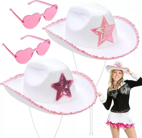 2 Pack White Cow girl Hat with Heart Sunglasses, Cowboy Hat with Pink Sequin Star, Preppy Cow Girl Costume Accessories with Adjustable Neck Draw String for Women, Halloween, Dress Up Party