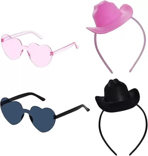 2 Sets Cowboy Mini Hat Headbands and Heart Sunglasses for Women Girls Western Party Concerts Outfits