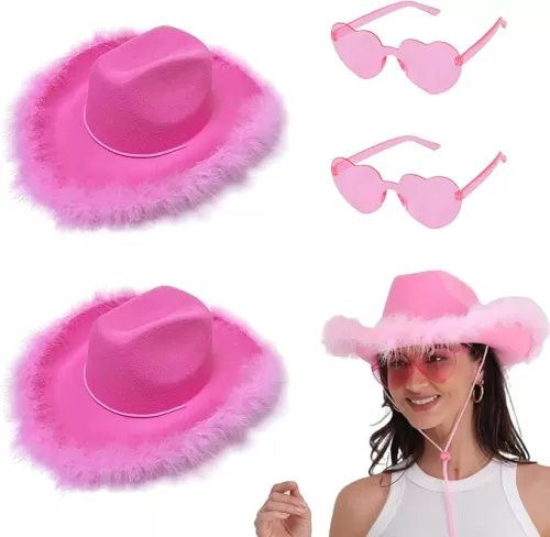 2 Sets of Pink Feathers Cowgirl Hat with Heart Sunglasses - Pink Cowboy Hat for Women Girls Cowgirl Outfits Bachelorette Western Disco Party Halloween Costume Accessories