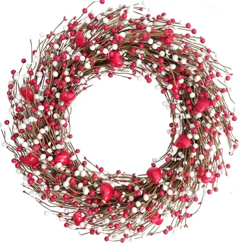 24 Inch Valentines Day Red and White Berries Wreath for Front Door, Heart Shape Shiny Berries for Home Decor, Wedding White Wreath for Indoor and Outdoor