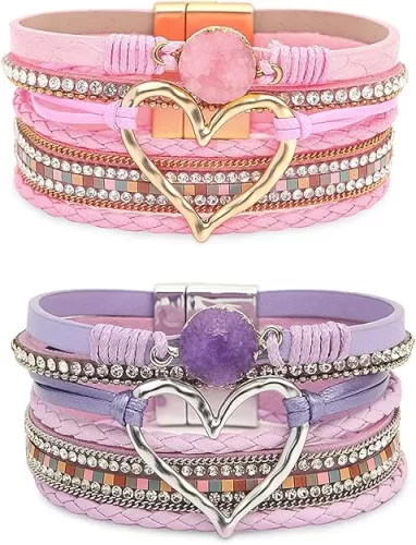 2Pcs Boho Bracelets Woven Leather Multi-Layer Wrap Bracelet Gold Love Heart Shape Inlaid Rhinestone Stackable Fashion Women Bracelet Jewelry