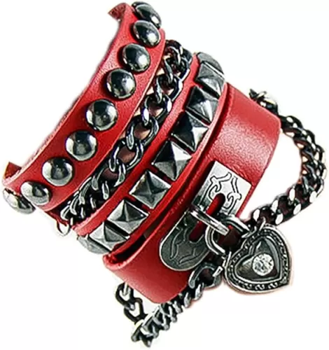 2Pcs Punk Layered Spike Rivet PU Leather Bangle Bracelet Set Gothic Adjustable Heart-shaped Studded Wristband Cuff for Men Women Teen Girl Handmade Halloween Cosplay Jewelry-A black